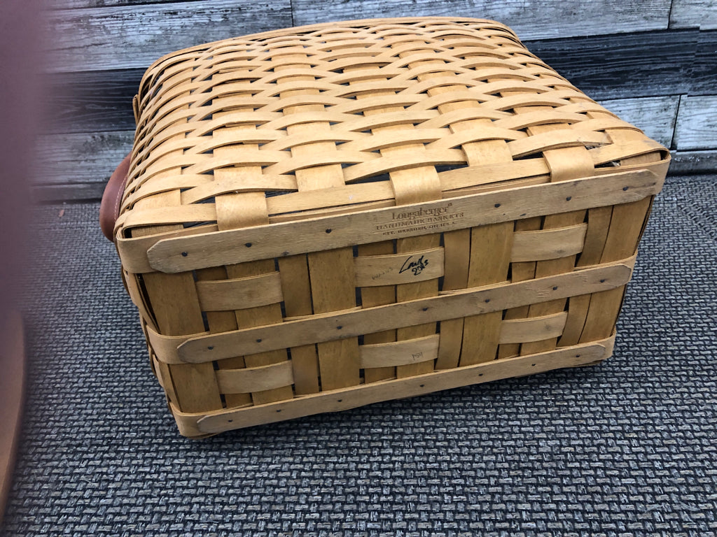 2013 LARGE SLANT BASKET  W/WOOD COVER, PLASTIC PROTECTOR, + LEATHER HANDLES.