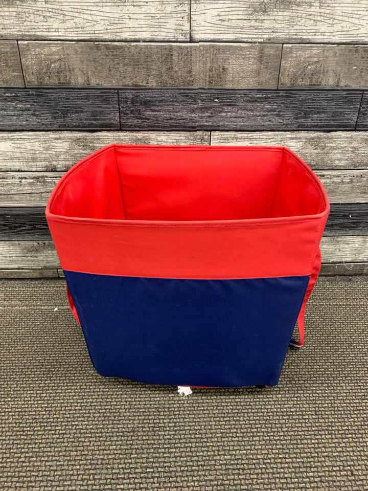 RED CLOTH STORAGE BIN W/WHEELS & HANDLE.