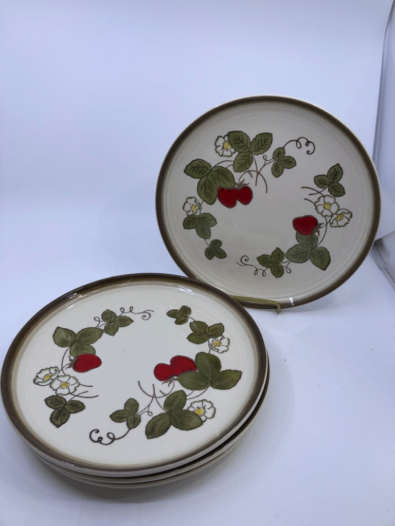 4 VTG BROWN RIMMED STRAWBERRY PATTERN DINNER PLATES.