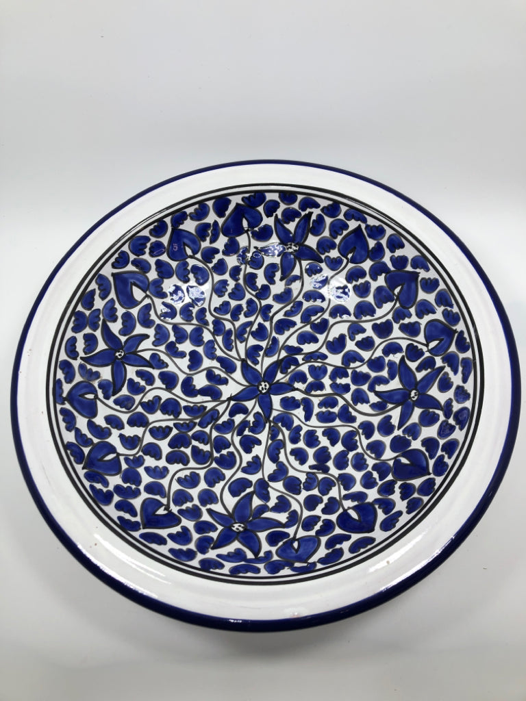 LG BLUE PAINTED FLORAL SERVING BOWL MADE IN TUNISIA.