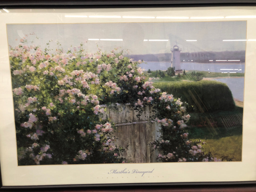 LARGE MARTHA'S VINEYARD FLORAL AND LIGHTHOUSE FRAMED PRINT.