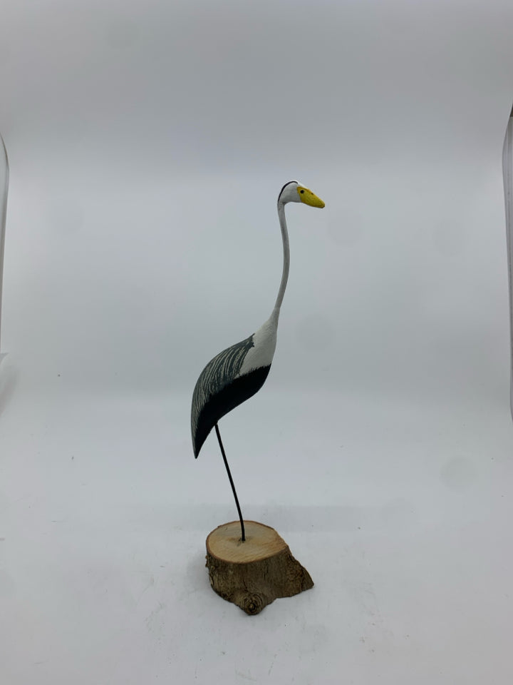 CARVED BLUE HERON ON WOOD BLOCK FIGURINE- ARTIST SIGNATURE.