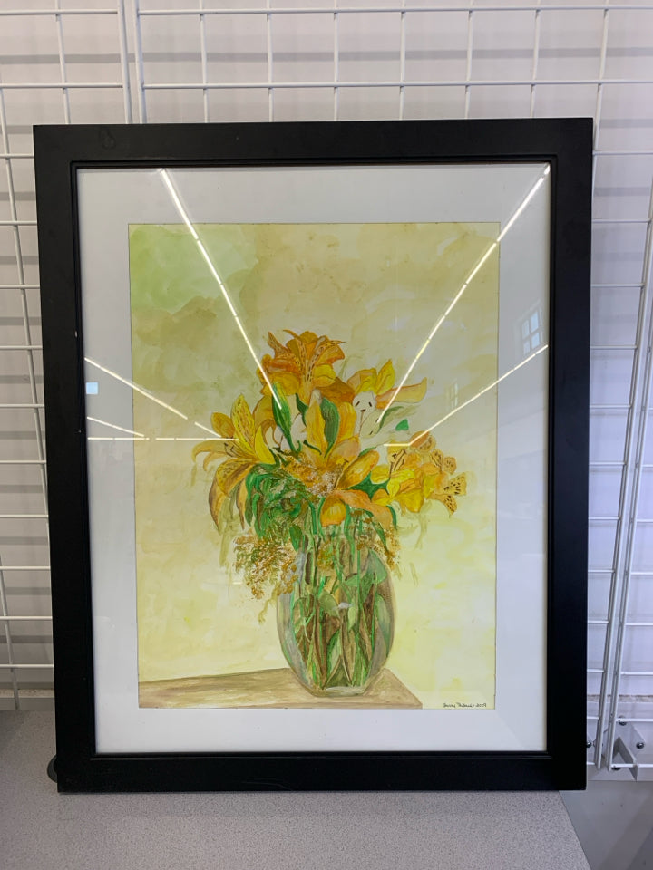 FRAMED YELLOW FLOWERS PAINTING- SIGNED.