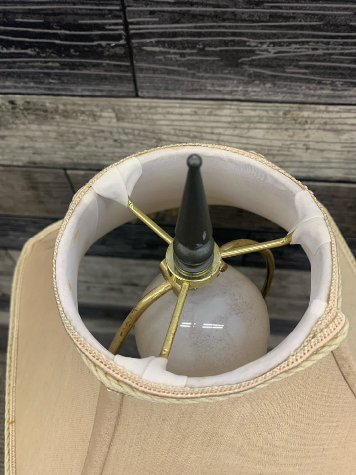SILVER SKINNY BASE LAMP W TASSEL SHADE.