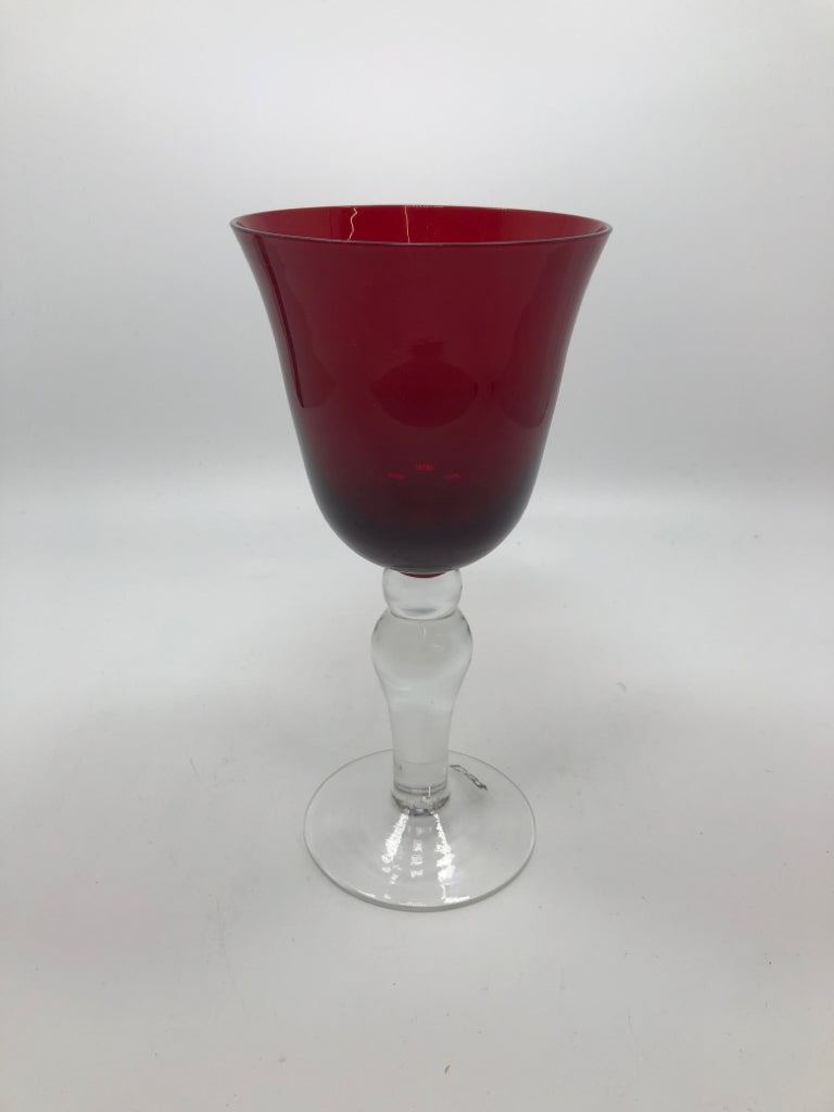 5 RED WINE GOBLETS W/CLEAR STEMS.