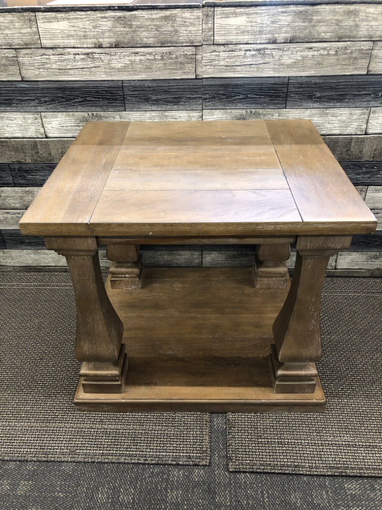 HEAVY PILLAR LEGS SIDE TABLE- BROWN/GRAY COLOR.