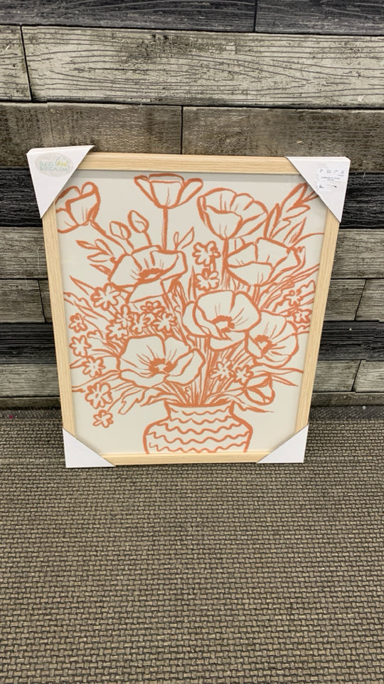 NIP ORANGE POPPIES LINE ART IN TAN FRAME.