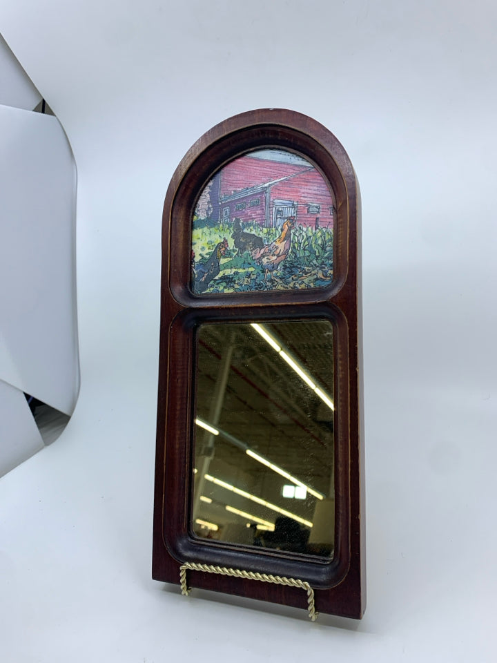 SMALL DARK WOOD MIRROR W/ ROOSTER PICTURE.