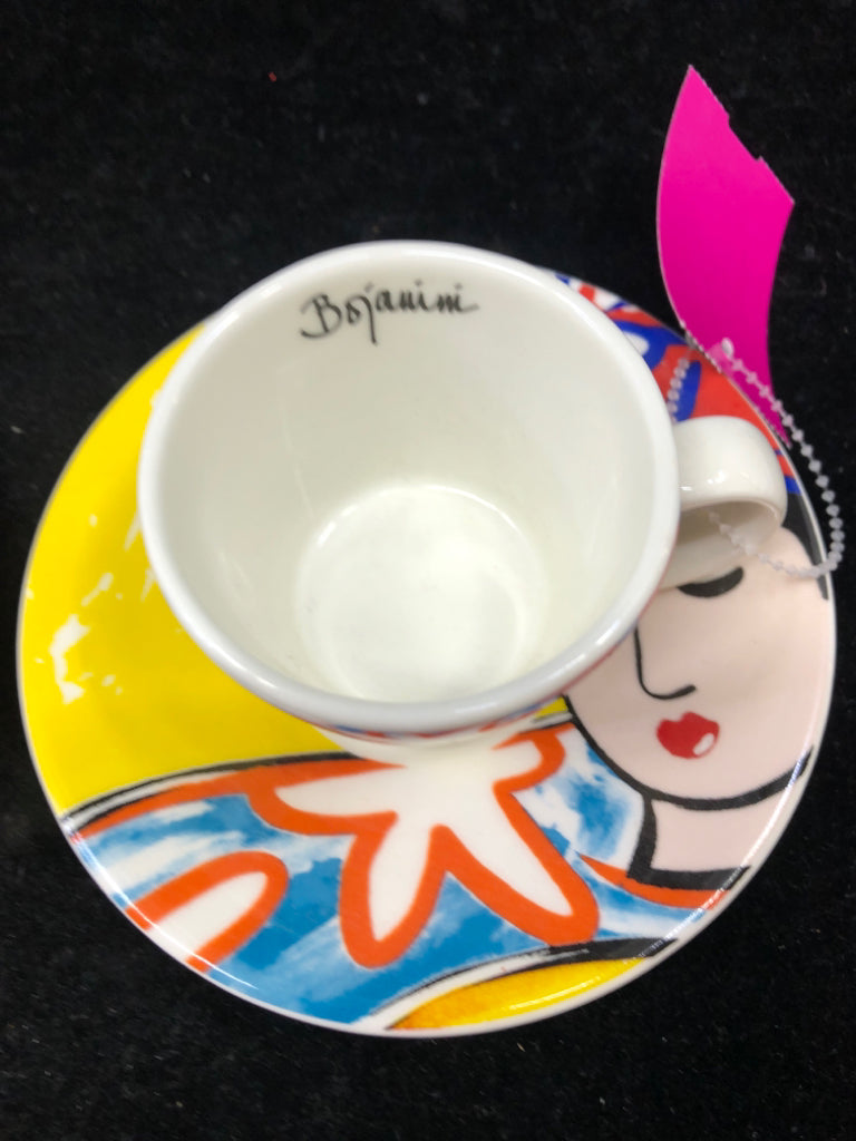 4 PC SVC 2 COLORFUL ESPRESSO MUGS W/ FACES.