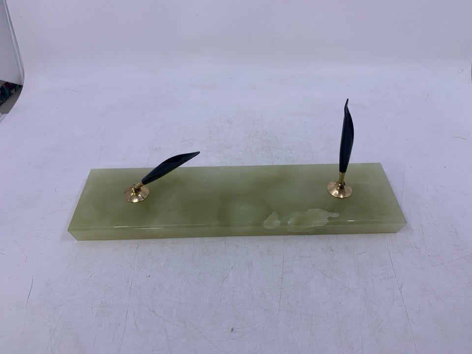 GREEN MARBLE BASE W/ 2 PEN HOLDERS.