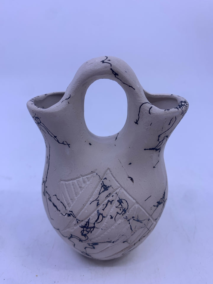 DELICATE BLACK AND WHITE CERAMIC VASE W 2 OPENINGS.