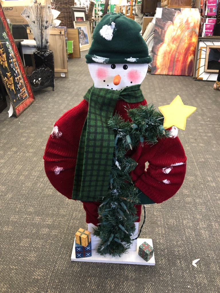 WOOD STANDING SNOWMAN LIGHT UP W/ RED SWEATER.