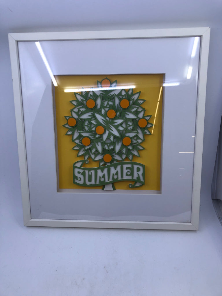 SHADOW BOX W/ PAPER ORANGE TREE "SUMMER" WALL ART.