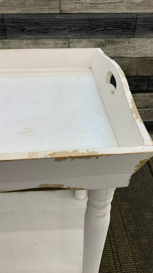 DISTRESSED WHITE TRAY-TOP END TABLE.