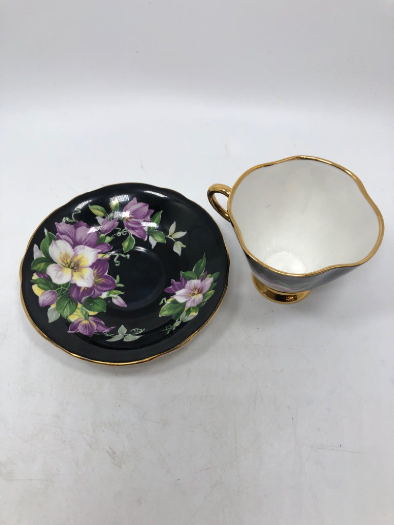 VTG BLACK FLORAL CUP/SAUCER.