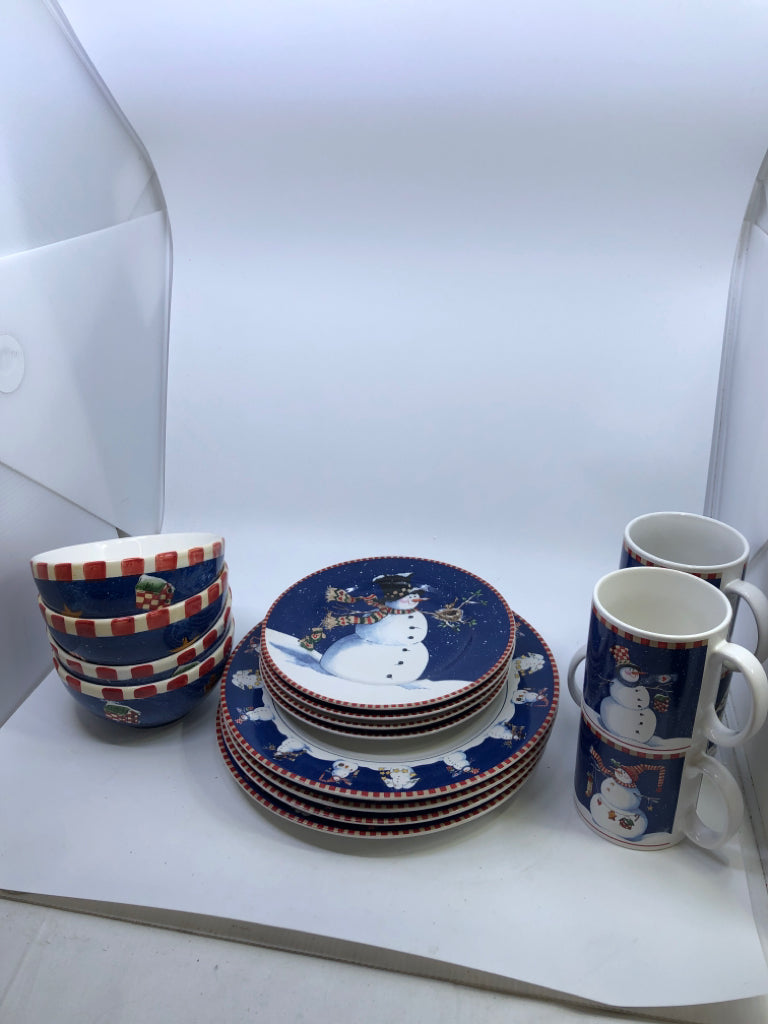 16 PC SVC 4 PRIMITIVE SNOWMAN DINNER,LUNCH,BOWLS,MUGS.