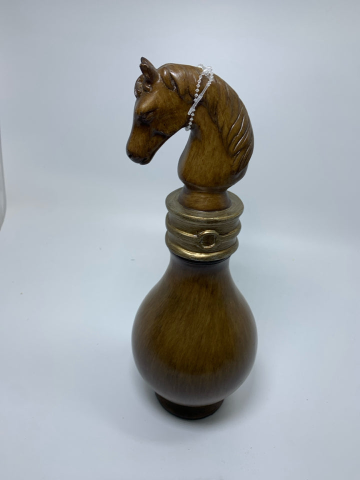 LIGHT BROWN CERAMIC DECANTER W/ HORSE HEAD STOPPER.
