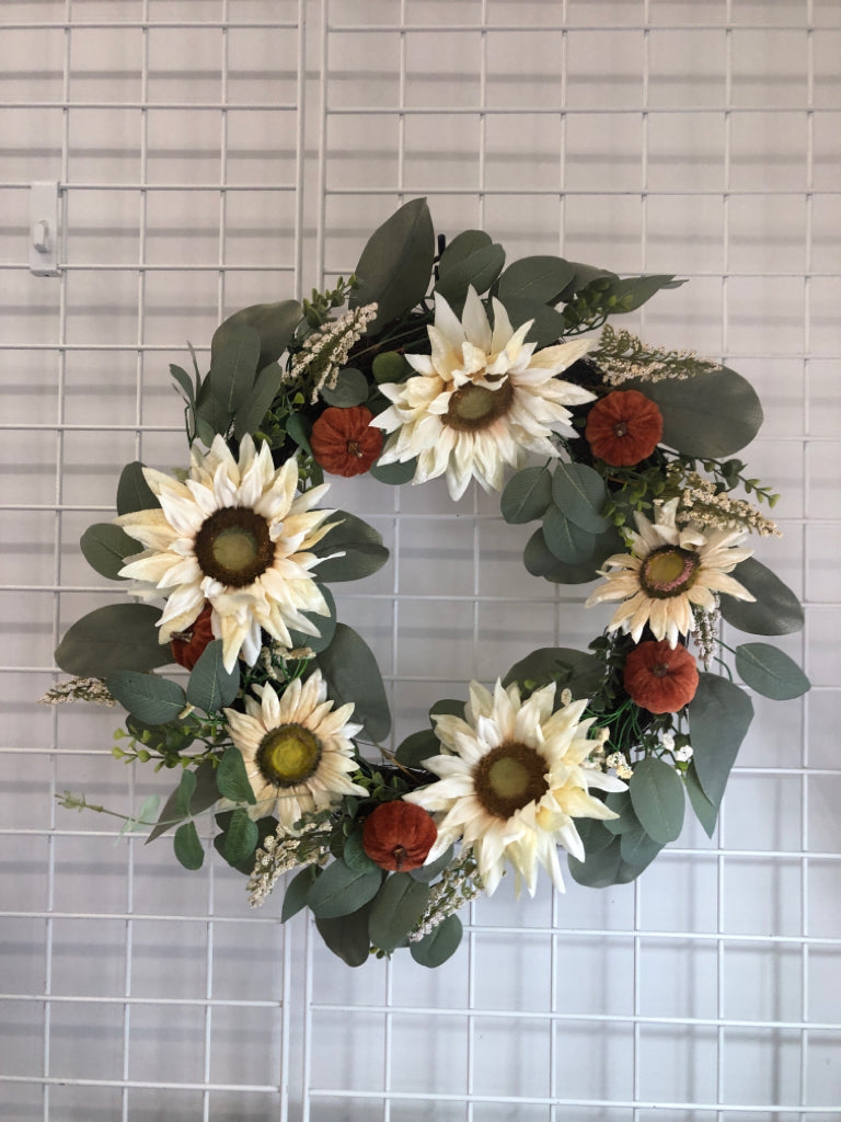 WHITE FAUX FLOWER, PUMPKIN WREATH.