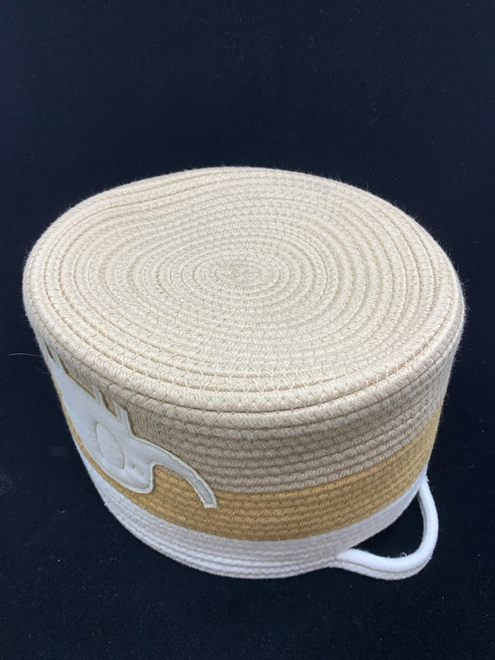 WHITE/TAN FABRIC STORAGE BIN W/ELEPHANT DECAL AND HANDLES.