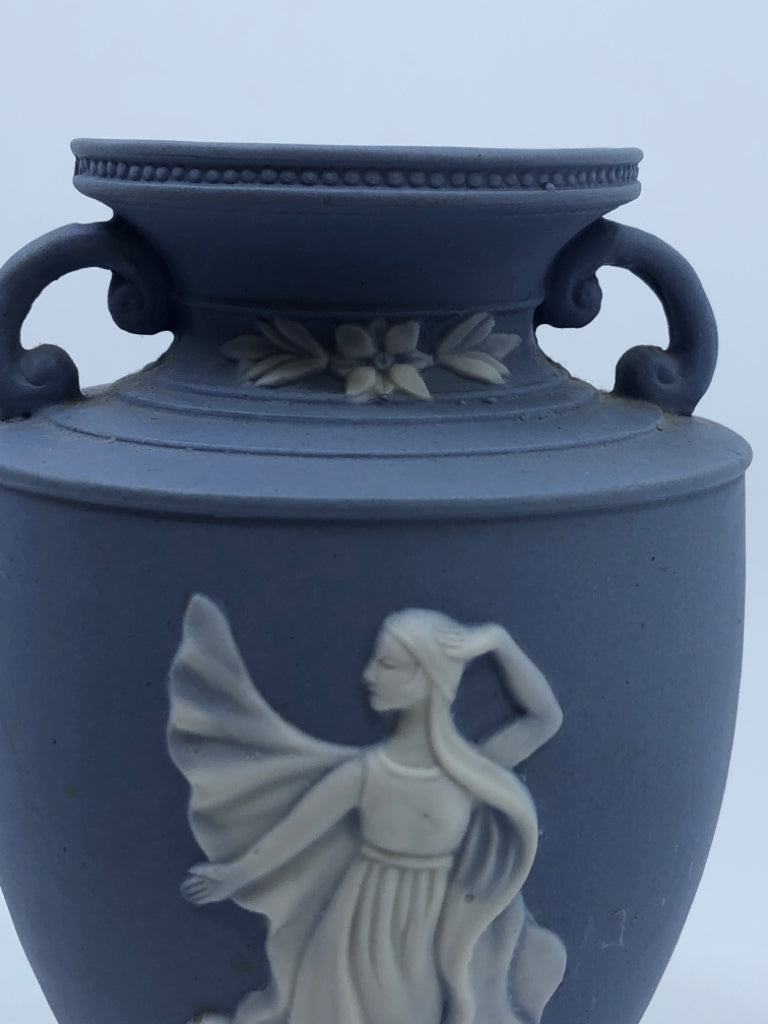 VTG MATTE BLUE EMBOSSED GIRL URN/VASE- JAPAN.