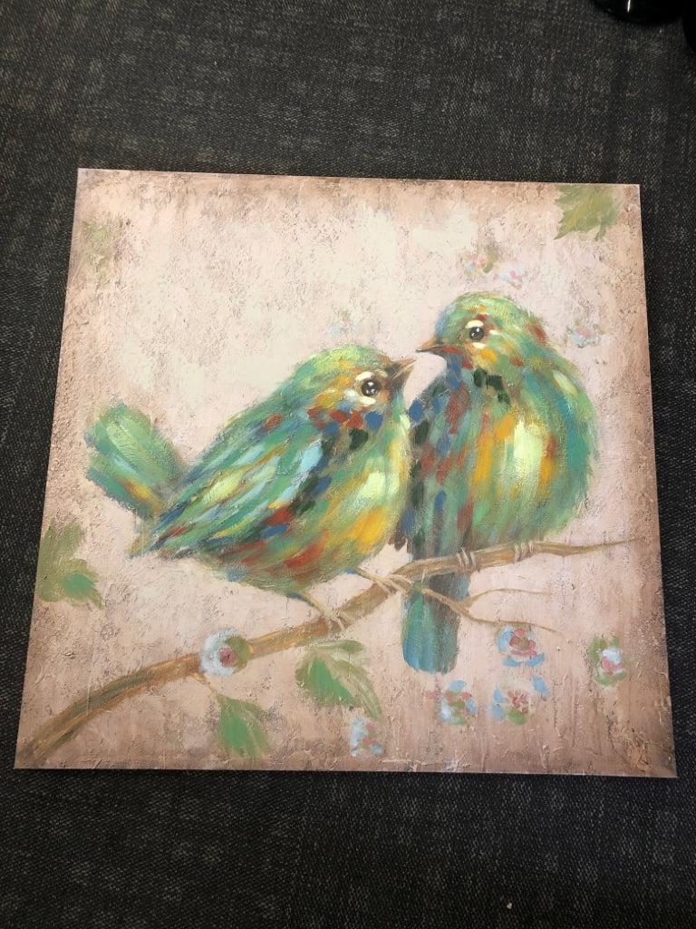 LARGE CANVAS W/  TWO COLORFUL BIRDS ON BRANCH.