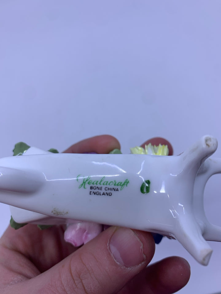 BONE CHINA MINI FLOWER BOUQUET IN WHITE WHEEL BARROW HEALACRAFT.