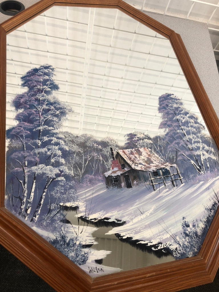 WINTER CABIN SCENE PAINTED OVAL WALL MIRROR.
