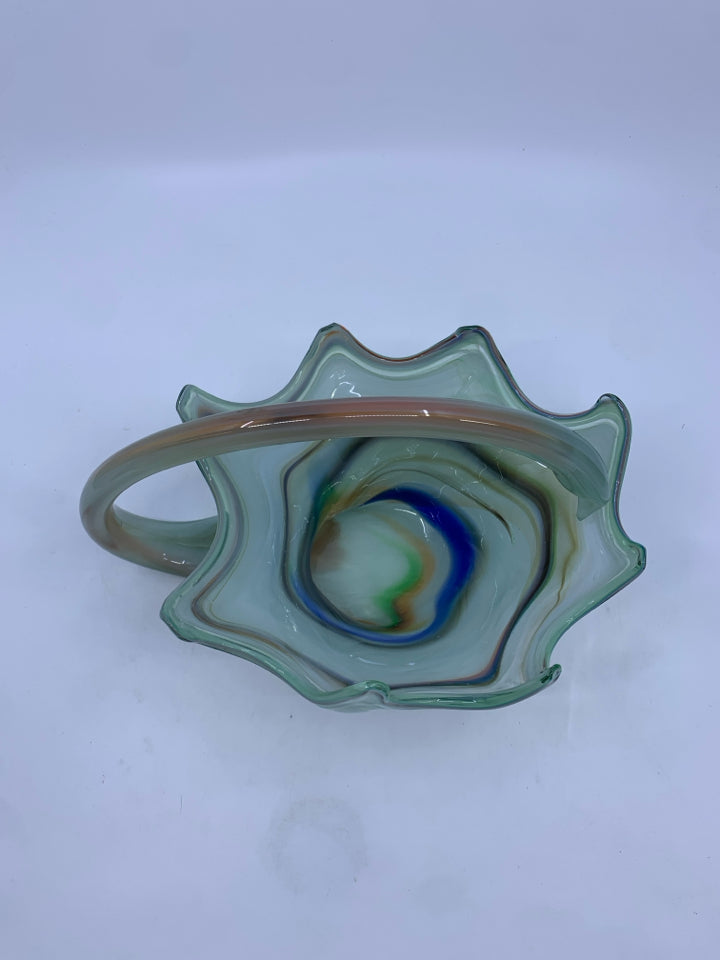 BLOWN GLASS MINT GREEN W/ MULTI COLORED DETAIL HORN SHAPE BASKET.