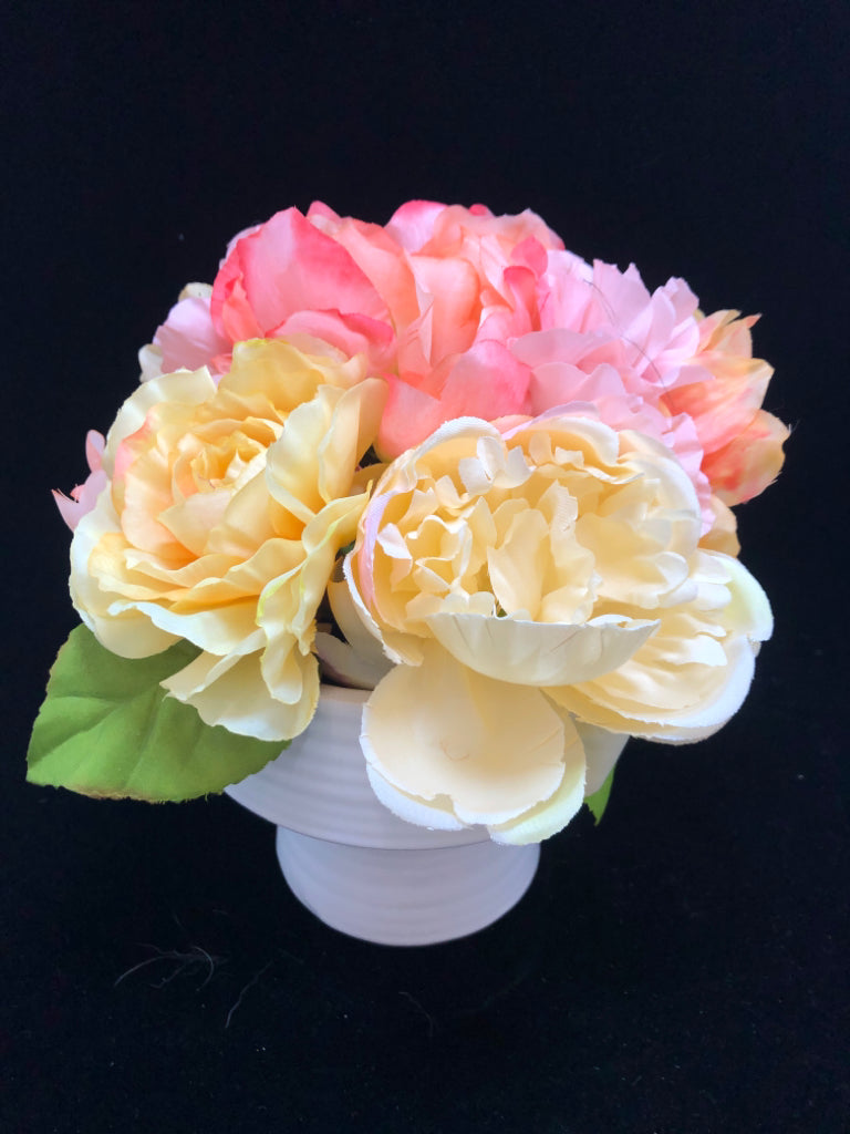 FAUX PINK PEONY BOUQUET IN WHITE CERAMIC PLANTER.