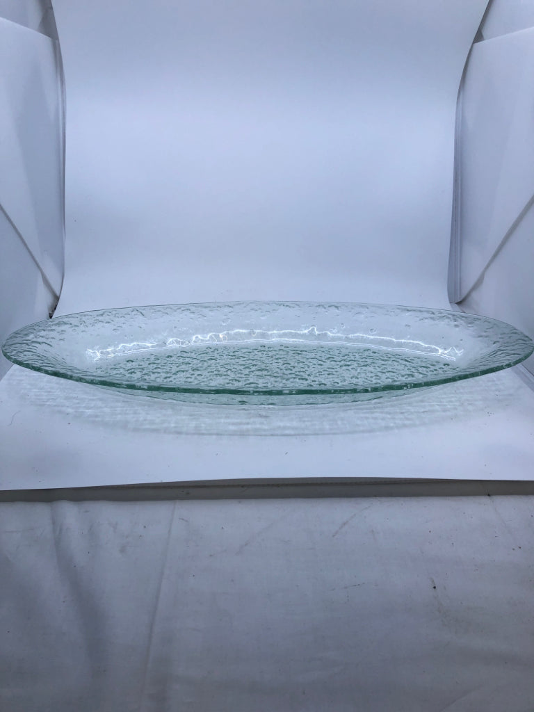 LARGE OVAL GREEN TINTED GLASS SERVING PLATTER W/ BUBBLES.