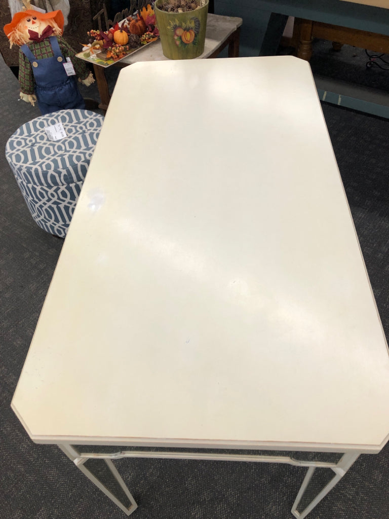 CREAM DISTRESSED PIER 1 DESK W/MIRRORED LEGS & DRAWER.