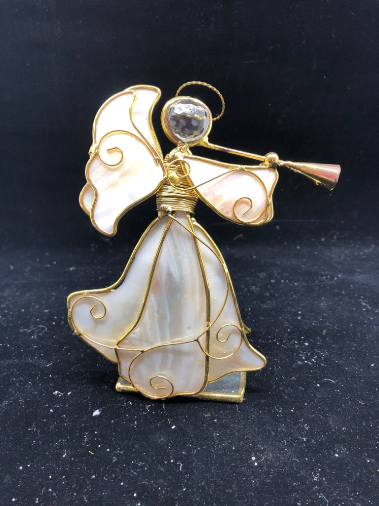 STAINED GLASS ANGEL WITH HORN TEA LIGHT HOLDER.