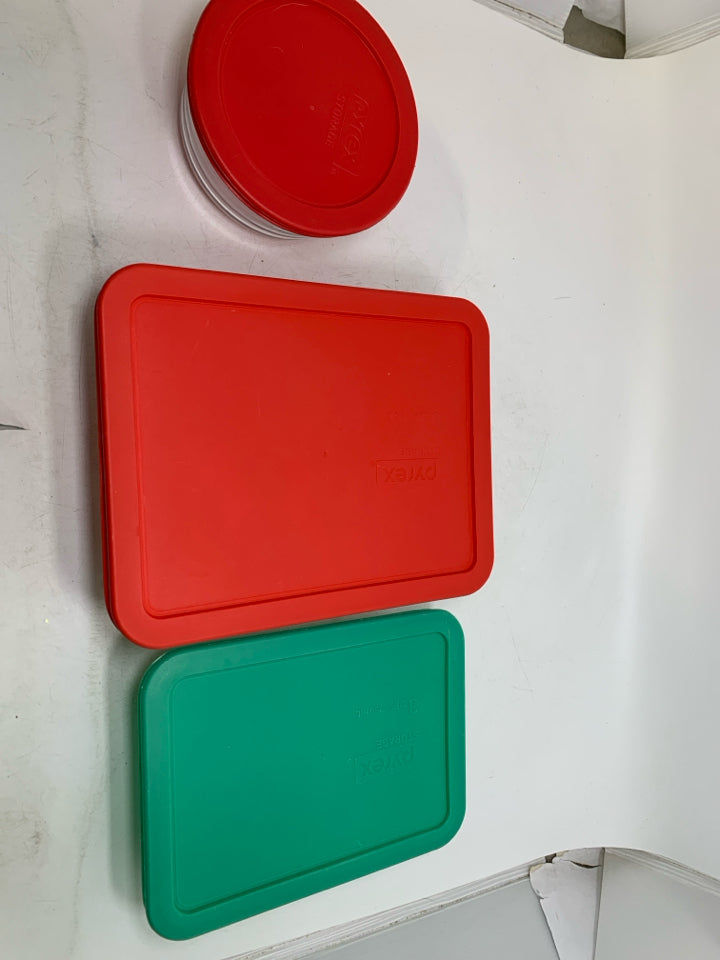 3 GLASS FOOD STORAGE CONTAINERS GREEN/RED LIDS.