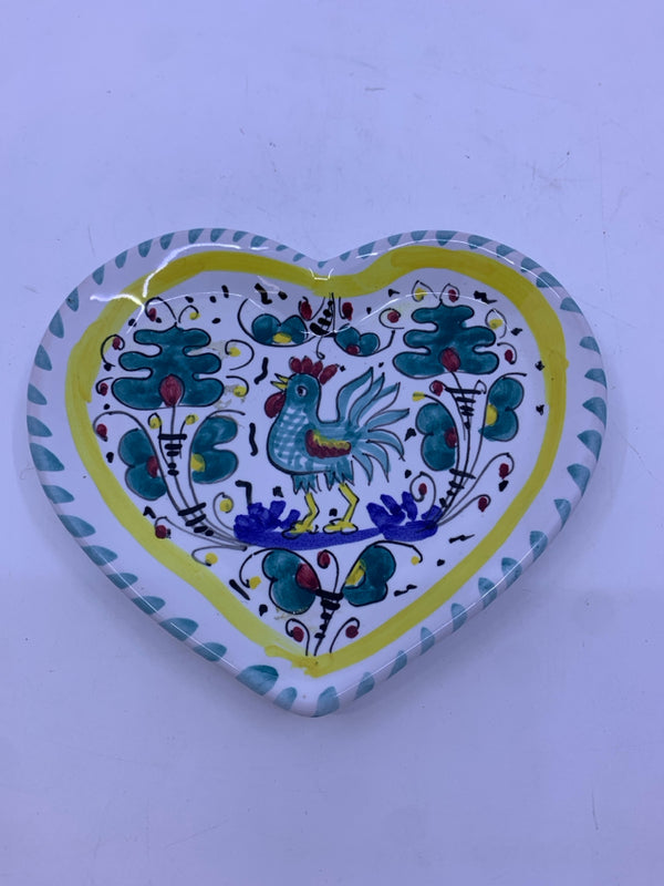 BLUE HEART SHAPED ROOSTER PLATE.