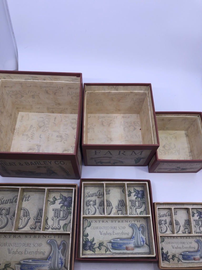 3 PRIMITIVE STYLE NESTING BOXES W/ DIVIDED REMOVABLE INSERTS.