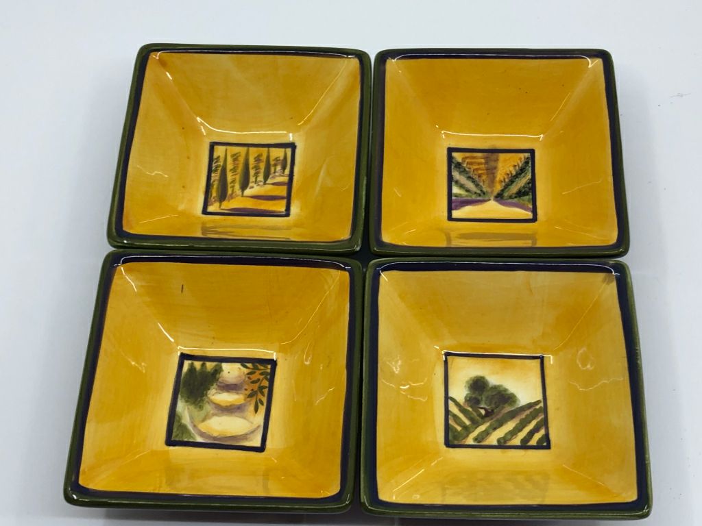4 SQUARE PURPLE AND YELLOW BOWLS.