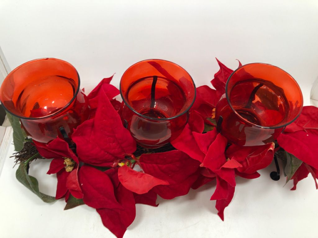 FAUX POINSETTIA VOTIVE CENTERPIECE RED GLASS VOTIVE HOLDERS.