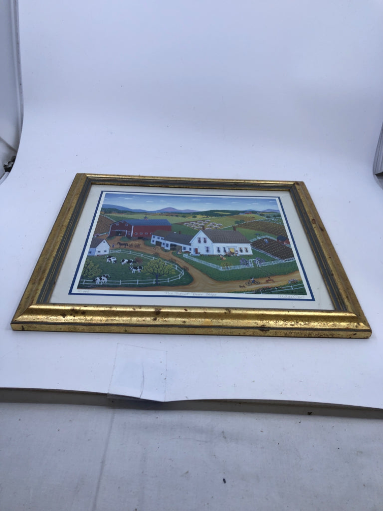 FARM PRINT IN GOLD FRAME WALL HANGING- SIGNED.