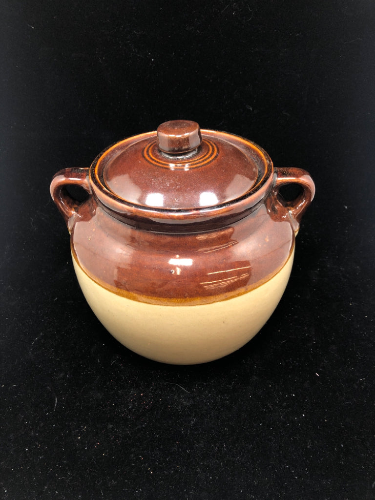 VTG 2-TONED DOUBLE HANDLED CROCK/ BEAN POT.