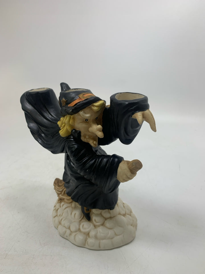 BLACK WITCH ON BROOM STICK 3 SLOT TAPERED CANDLE HOLDER.