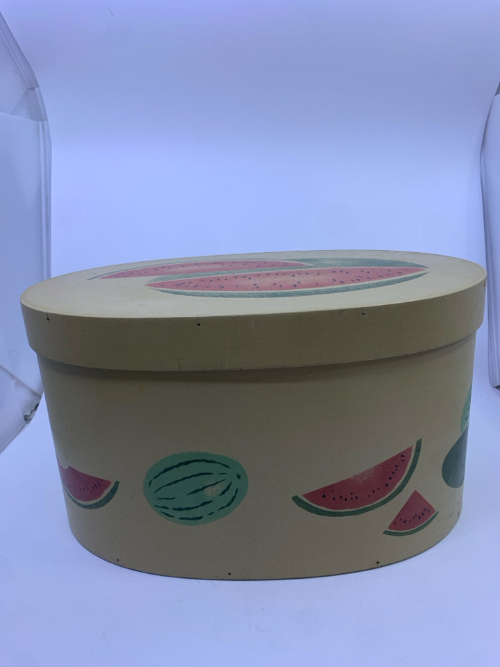 WATERMELON OVAL WOOD PAINTED BOX SIGNED.