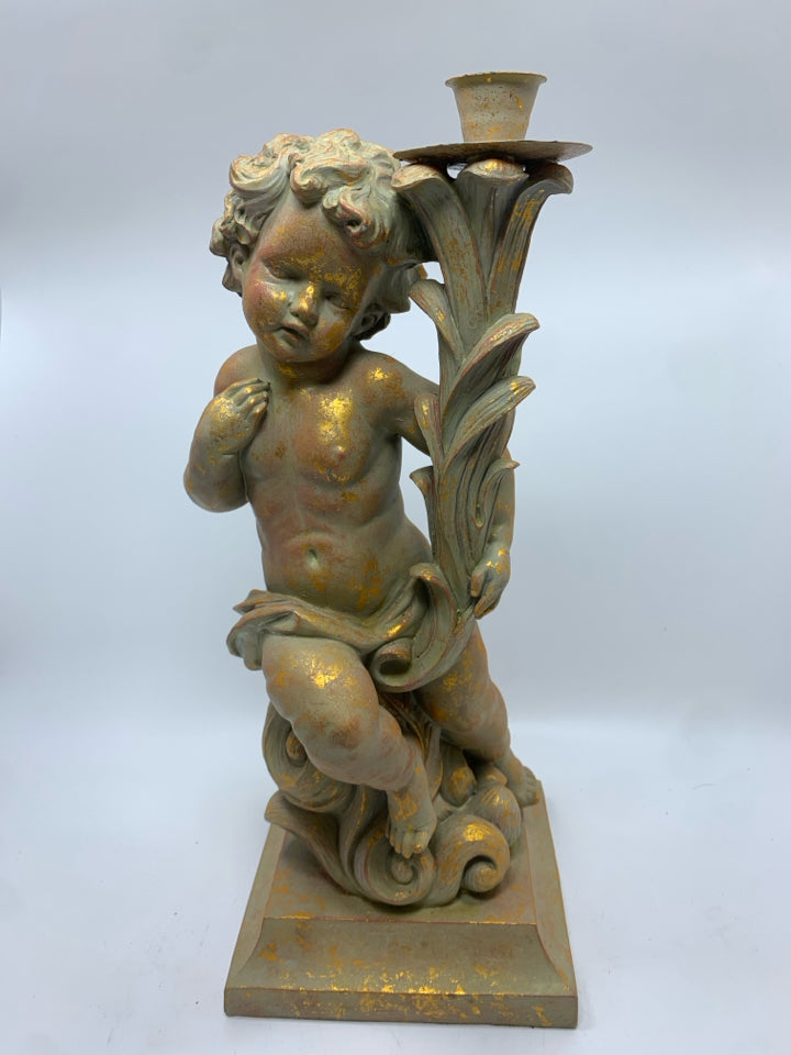 HAND-PAINTED DECOLINE CHERUB CANDLESTICK HOLDER.