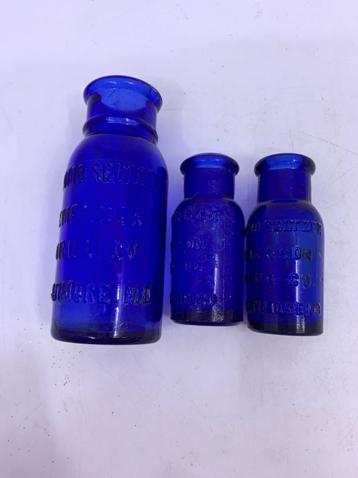3 PC COBALT BLUE EMPTY GLASS "BROMO SELTZER EMERSON DRUG CO BALTIMORE, MD".