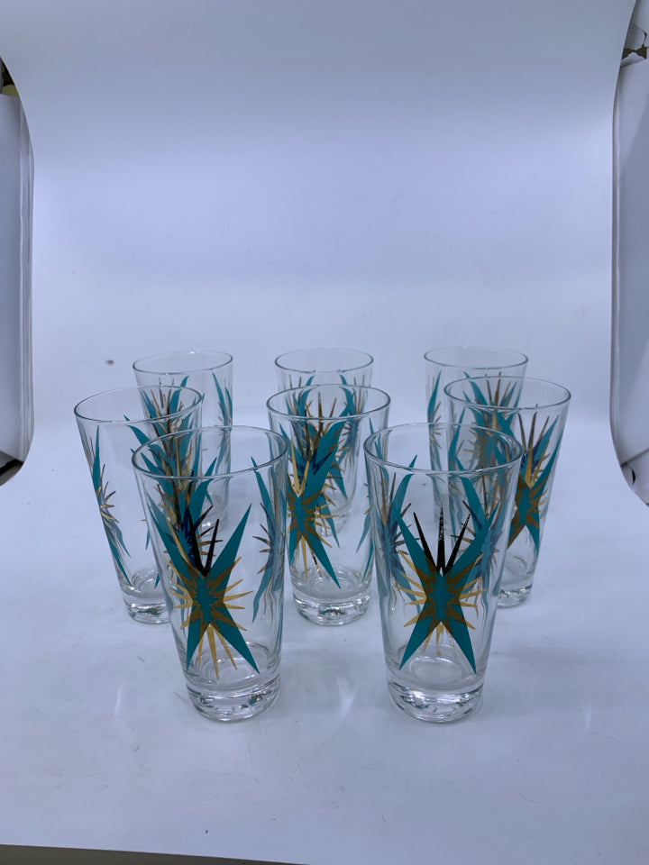8 VTG MCM ATOMIC STARBURST "INCA" GOLD COCKTAIL TUMBLERS.