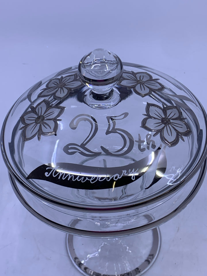 VTG 25TH ANNIVERSARY GLASS/SILVER ETCHED FLOWERS CANDY DISH W/LID.