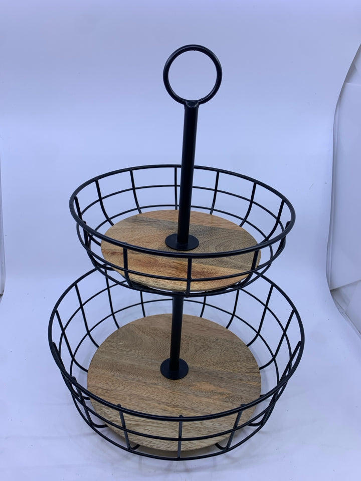 BLACK METAL 2 TIER FRUIT BASKET W WOOD BASE.