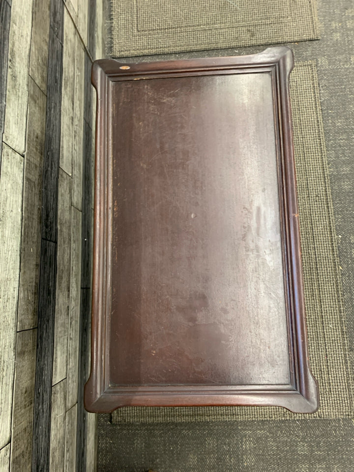 VTG DARK WOOD TABLE W BOTTOM STORAGE.