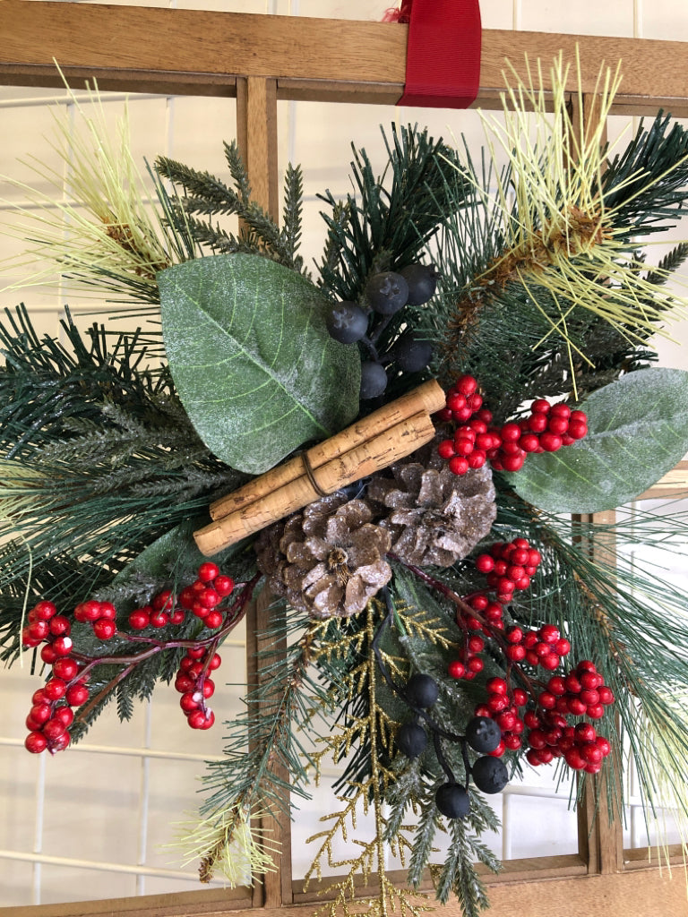 HOLLY BERRIES AND PINE ON WINDOW WALL HANGING.