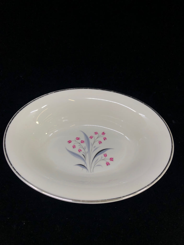 VTG OVAL PINK TULIP W/GREY STEMS&GREY RIM BOWL.