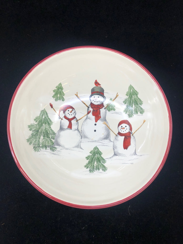 LARGE SNOWMAN SERVING BOWL W MAROON OUTSIDE AND SNOWFLAKES.